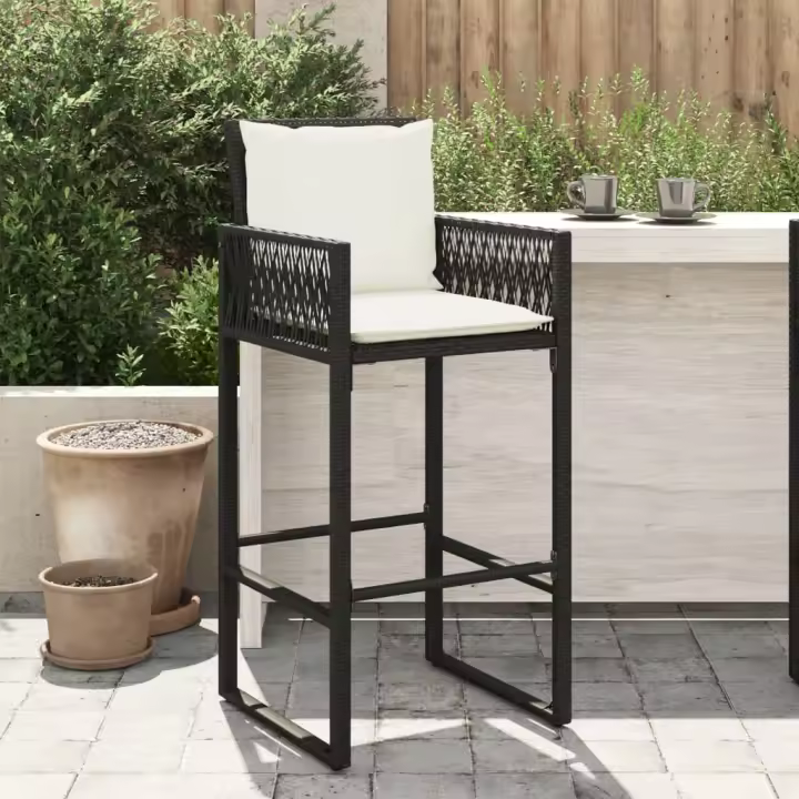 vidaXL Taburetes de Exterior, jardín, cocina con cojines 2 uds ratán sintético negro - 1