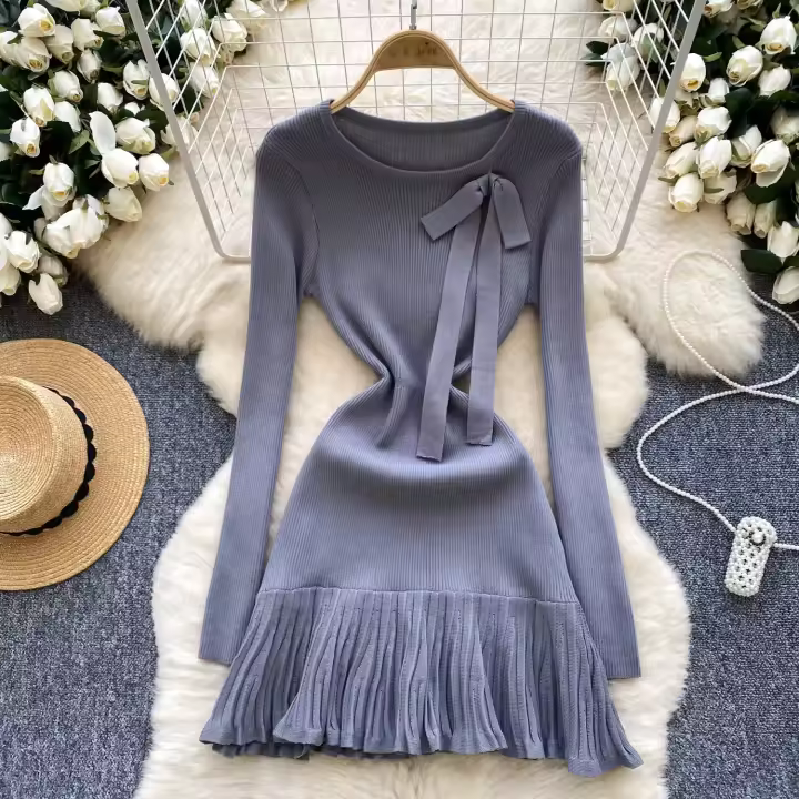Vestido Corto Tejido Y2K Para Mujer Con Botones Cuello En V Diseño De Corbata Slim Para Oficina Estilo Chic Temporada Otoño - 1