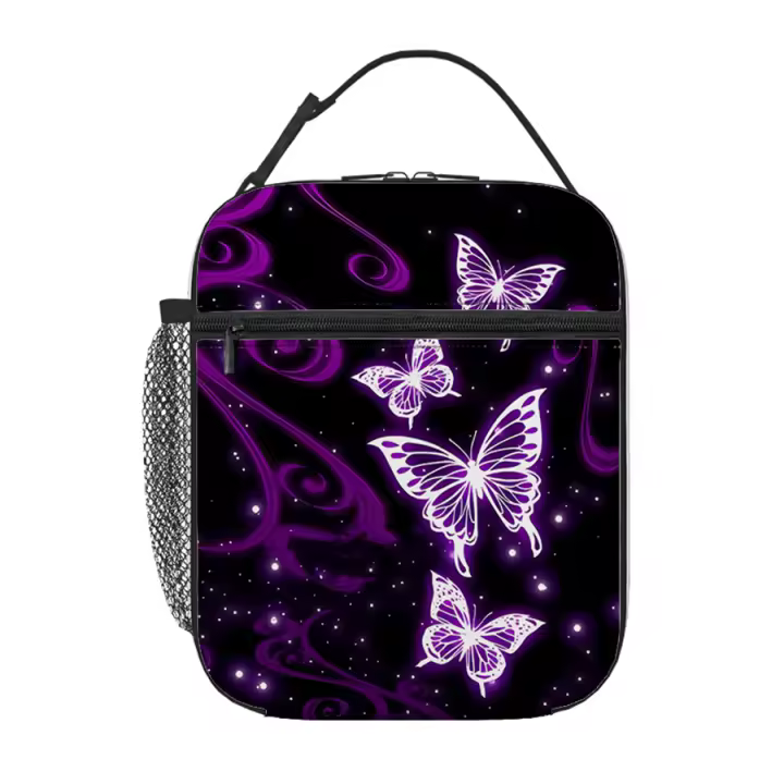 Bolsa De Almuerzo Portátil Para Niños Con Patrón De Mariposa Morada Doble Capa Térmica Reutilizable Bolsa Fría De Almuerzo De Dibujos Animados 2D - 1