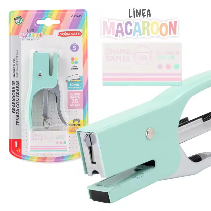 Starplast Grapadora Tenaza Pastel + Caja 1000 Grapas - 10,5 Cm, Incluye Caja Pastel, Hasta 15 Hojas, Colores Pastel - 1