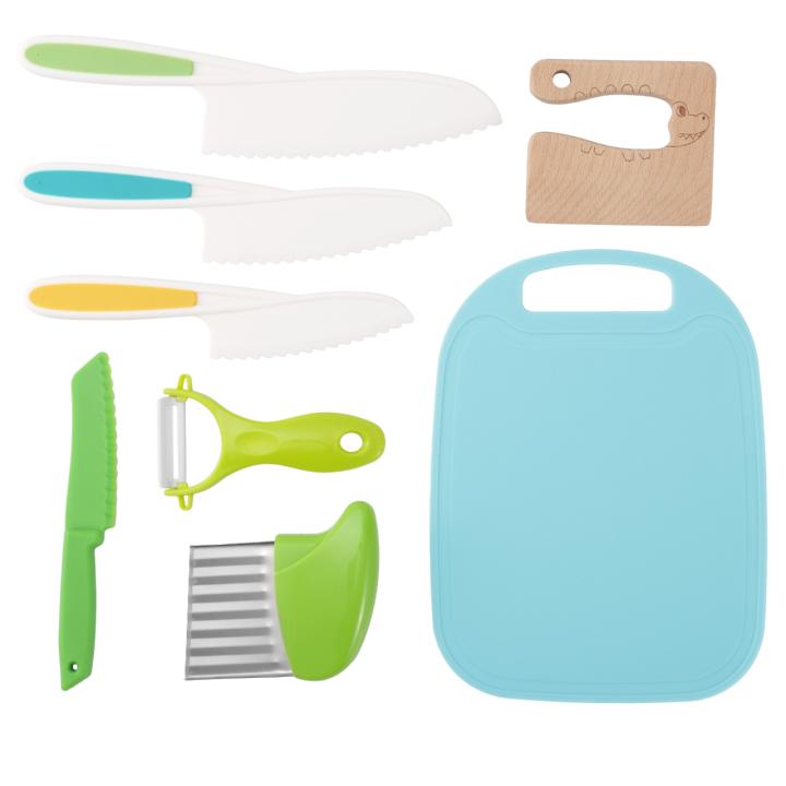 Cuperinox Set de Cuchillos Niños | Cuchillos Infantiles |  Método Montessori | Juego de 8 Piezas | Seguro y Divertido para Niños de +2 años | Incluye Tabla de Cortar, Pelador y Cuchillo de Madera | Cocina Creativa para Niños | Cuperinox Kids Collection