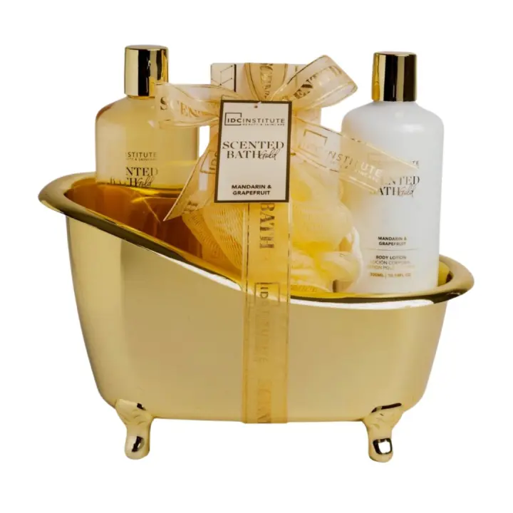 Regalo para Navidad IDC Institute – Set Oro Bañera Grande 4 Piezas: Gel de Baño, Loción Corporal, Sales y Esponja con Aroma Cautivador de Mandarina y Uvas - 1