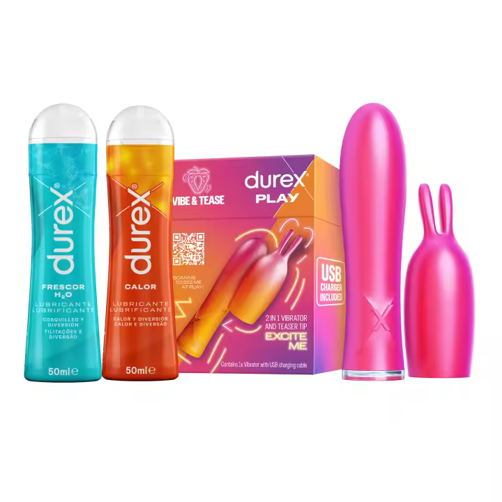 Durex Pack - Conejito Vibrador 2 en 1 VIBE & TEASE con punta estimuladora, 7 modos de vibración y resistente al agua + Gel lubricante efecto frio y calor - 1