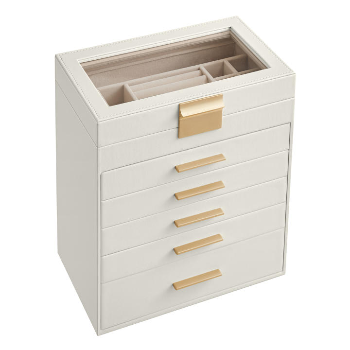 SONGMICS Caja de Joyas, Caja Joyero con 6 Niveles, Estuche para Joyería con Tapa de Cristal, 5 Cajones, para Gafas de Sol, Joyas Grandes, Moderno, Blanco Nube y Dorado, Regalo de Navidad