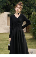 MISHOW Vestido Negro Tejido a Mano Con Ajuste Para Mujer Primavera/Otoño V-cuello Elegante Vintage A-line Midi Vestido MXC59L1640 - details 5