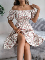 Vestido Elegante De Primavera Y Verano Para Mujer Con Estampado Floral Cuello Cuadrado Manga Corta Volante Al Borde Vestido A-Line De Rodilla Casual - details 21