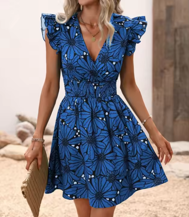 Verano de las mujeres con cuello en V cintura sexy flor grande volantes vestido sin mangas - 1