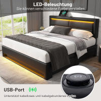 [Selección de Hogar🎁] Cama Tapizada 140x200 cm Negro - Patrón Lichi PU | Carga Eléctrica + USB, Iluminación LED Y 4 Cajones de Almacenamiento (Sin Colchón) - details 2