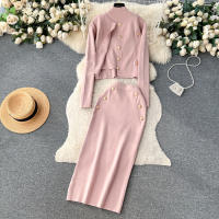 Conjunto De Ropa De Mujer REALEFT Otoño Invierno 3 Piezas Traje De Tejido Knitted Cardigan De Botón Sencillo Y Tops Falda Elegante Para Oficina - details 35