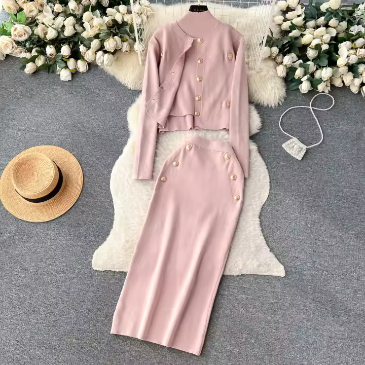  Conjunto De Ropa De Mujer REALEFT Otoño Invierno 3 Piezas Traje De Tejido Knitted Cardigan De Botón Sencillo Y Tops Falda Elegante Para Oficina - 1