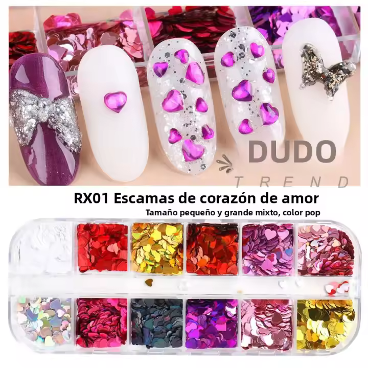 12 Grillas De Brillo De Uñas En Forma De Corazón Sequinias Holo Iridescentes Para Año Nuevo Y San Valentín BERX04 - 1