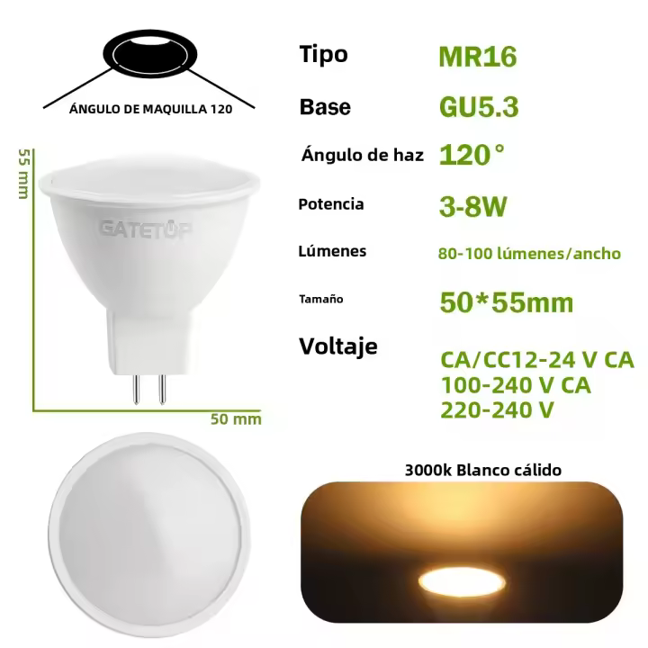 8PCS Bombillas De Luz Spot MR16 GU5.3 LED 110V 220V 12V Interchangeables Con Lámpara Halógena De 40W Para Iluminación Doméstica - 1