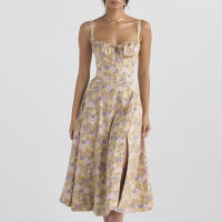 Vestido De Playa Para Mujer Con Estampado Floral Cuello Cuadrado Ajuste Frontal Y Abertura En Pierna Midi Polyester Sin Mangas Vestido De Noche - details 67