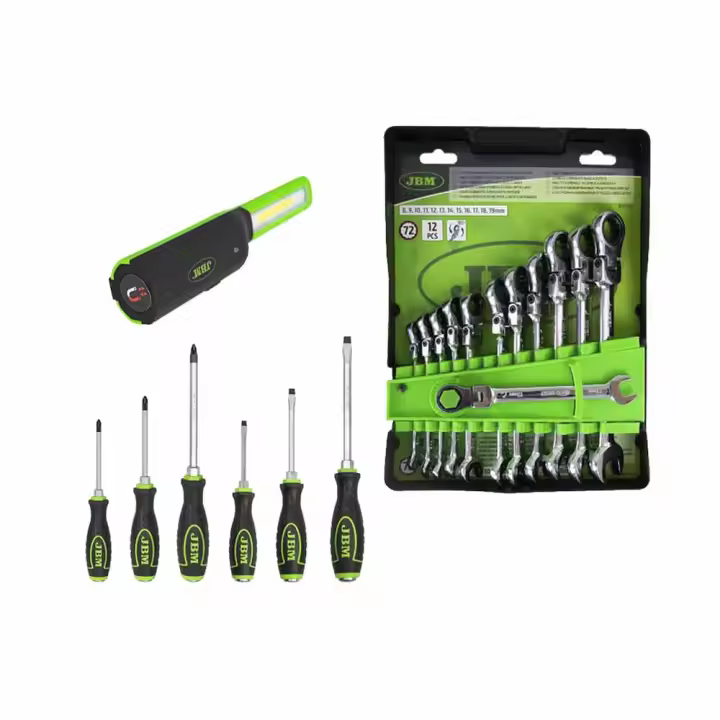 JBM - Kit de Herramientas Mecánicas Profesionales - Destornilladores Go-through y Llaves Combinadas Articuladas - Portátil de Taller Imantado con Batería - 1