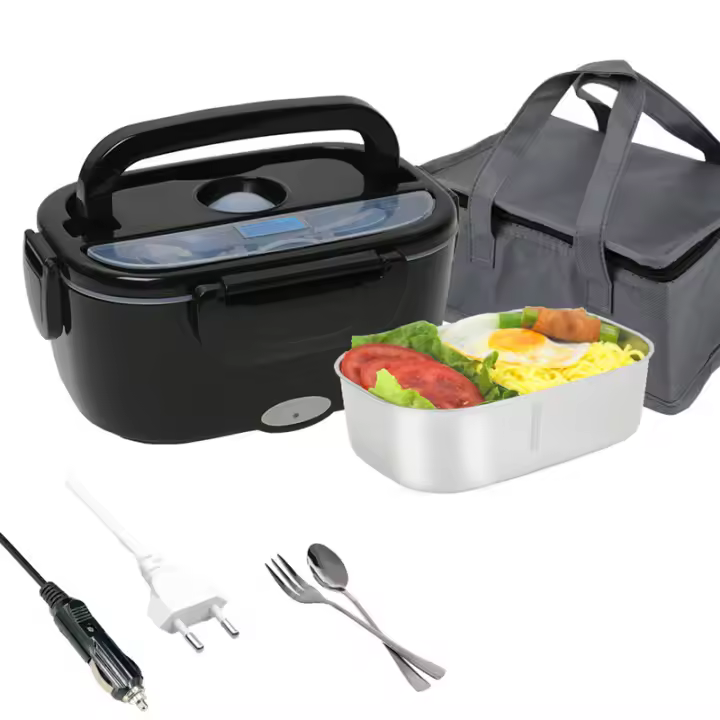 Fiambrera Eléctrica 1.5L 60W, 12V/24V+220V Gran Comida Térmico con Bolsa y Acero Inoxidable Tenedor Cuchara para Coche Camión Oficina - 1