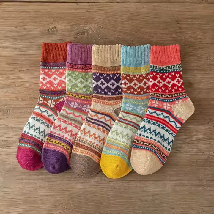 5 Pares De Calcetines De Punto Geométrico Para Mujer Diseño Retro De Bloques De Colores Calcetines Casuales De Otoño E Invierno Cómodos Y Suaves - 1