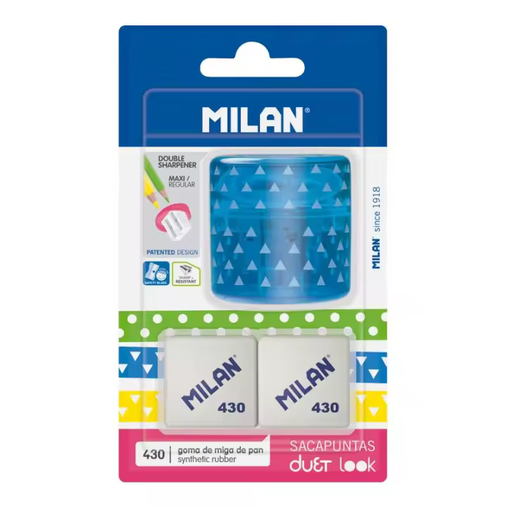 MILAN Blíster Sacapuntas DUET Look azul + 2 gomas 430 - 1