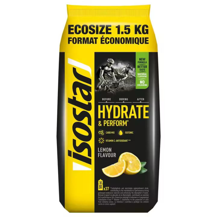 Isostar  Hydrate & Perform, Preparado de Bebida Electrolítica Isotónica para Optimizar el Rendimiento Deportivo, Contiene Electrolitos y Carbohidratos para una Reposición Rápida de Energía, Sabor Limón- 1.5 kg, 37 Raciones - 1