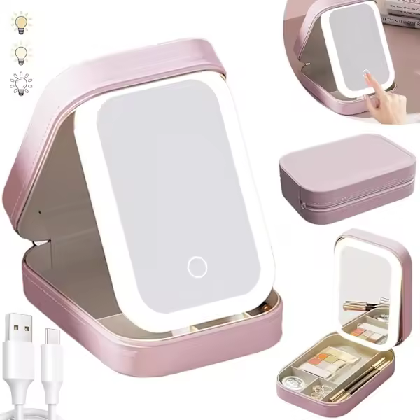 Espejo de maquillaje con luz, bolsa de almacenamiento de cosméticos con espejo LED | Bolsa de maquillaje portátil-3 colores con bolsa de maquillaje brillante, bolsa de maquillaje de viaje rosa - 1