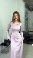 Vestido Elegante De Seda Mercerizada Violeta Para Mujer Con Manga Larga Y Cuello Cuadrado Con Dobladillos Y Cierre De Encaje Vestido Formal De Pierna Larga Para Mujer - details 3