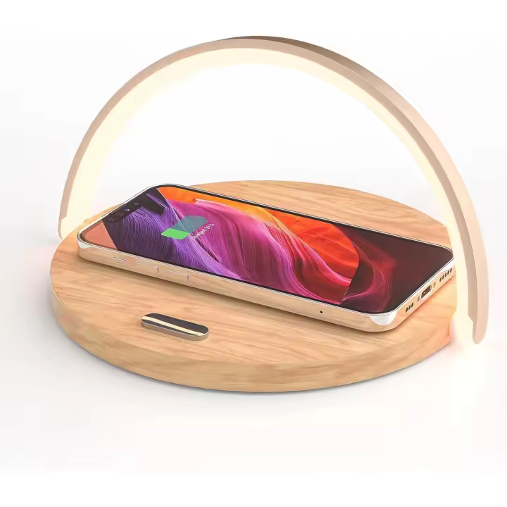 SOMY Lámpara de noche con cargador inalámbrico, lámpara de mesa táctil, luz nocturna LED con cargador de inducción certificado QC3.0 de 10 W, luz nocturna táctil regulable con 3 niveles de brillo, lámpara de banco de trabajo de grano de madera - 1