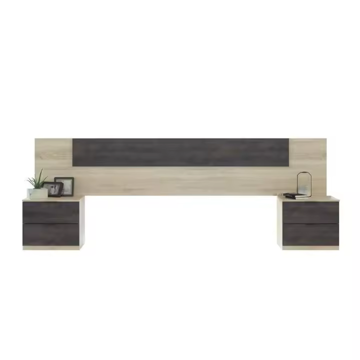 Meimon ALAYA Cabezal para cama de 150cm con 2 mesitas de noche, cada una con 2 cajones, estructura en Roble Canadian, guías metálicas, tiradores de aluminio lacados en negro y herrajes metálicos para fijación a pared - 1