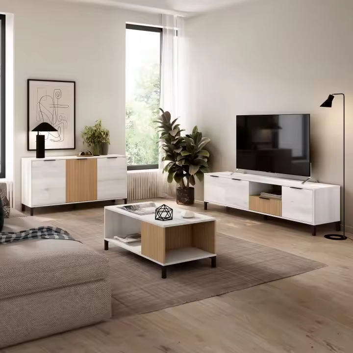 Conjunto de Muebles de Salón Comedor Tokio Estilo Nórdico en Color bLanco Albo y Roble Rayado (Aparador + Mesa de Centro + Mueble de TV) - 1