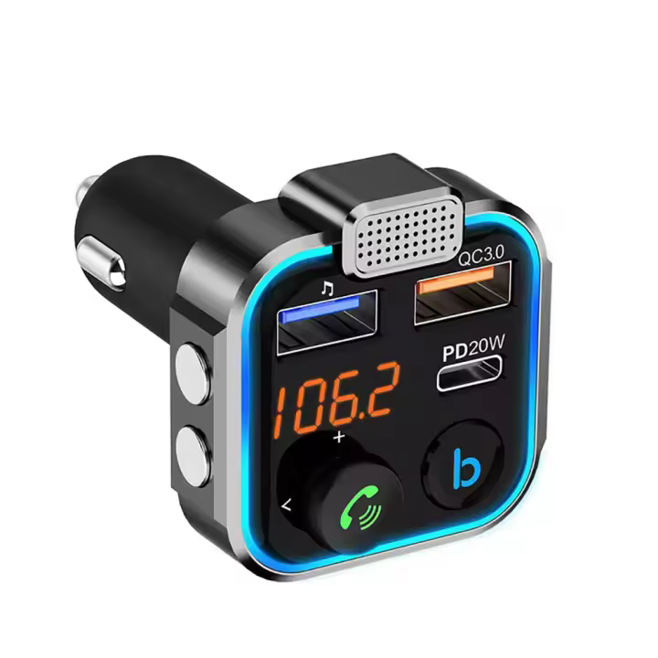 Transmisor FM Bluetooth 5.0 para Coches - 3 Puertos Carga: x 2 USB QC3.0 + x1 PD 3.0 Tipo C 20W, Función Manos Libres, Cancelación de Ruido, Carga Rápida, Botón B: Bajos Profundos Hi-Fi - 1