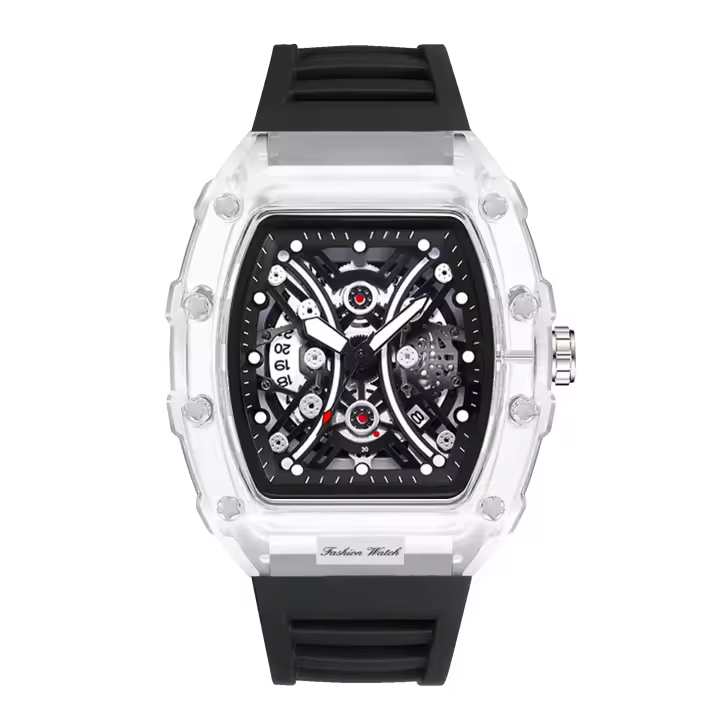 Reloj De Cuarzo Para Hombre Con Correa Negra Y Caja Transparente Moda Sencilla Lujo Calendario Reloj De Pulsera De Lujo Para Hombre - 1