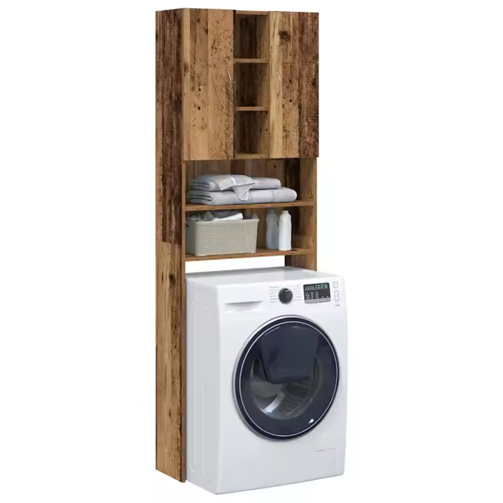 vidaXL Armario de lavadora madera envejecida 64x25,5x190 cm en color Madera antigua/Roble negro/Roble artisan | almacenamiento funcional diseño moderno para baño dormitorio sala - 1