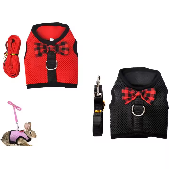 Kaninchen-Geschirr mit Leine Set - Chaleco con arnés para el pecho suave y transpirable Ineinander greifen Haustier para caminar para perros, gatos, hámster y otros pequeños (S, rojo + negro) - 1