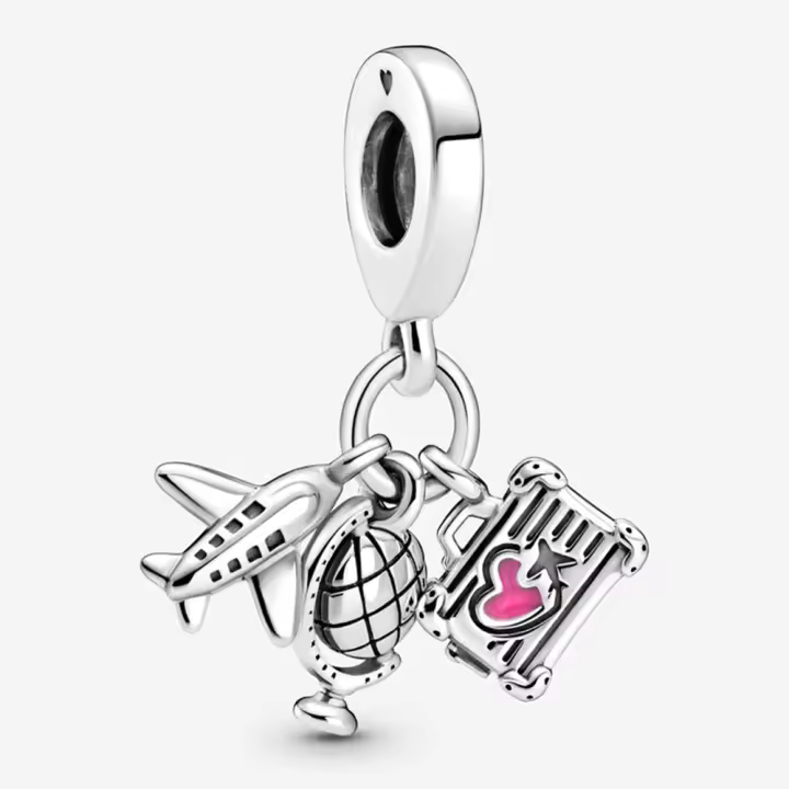 Pandora Charm de Colgante en Plata de Ley Colgante de Avión, Globo Terráqueo y maleta，Incluye Caja Original - 1