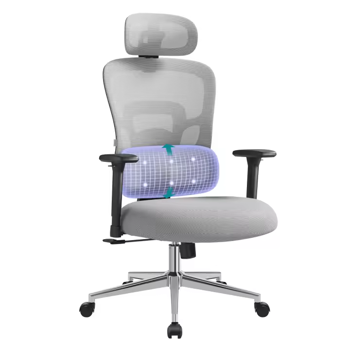 SONGMICS Silla de Oficina Ergonómica, Silla de Escritorio con Respaldo Alto, Silla de Malla con Soporte Lumbar Ajustable en Altura, Reposacabezas y Apoyabrazos 3D Ajustables, Negro Tinta/Gris Paloma - 1