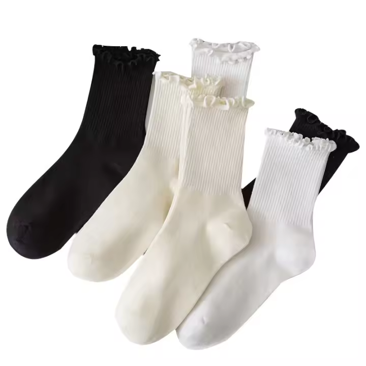 5 Pares De Calcetines Casuales Para Mujer De Tubo Medio Pleated En Colores Negro Y Blanco Transpirables Para Primavera Y Otoño - 1