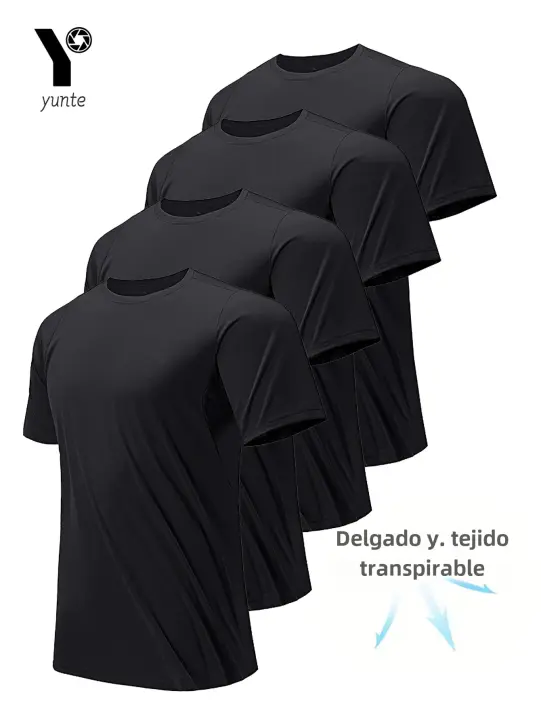 Pack De 4 Camisetas De Hombre Negras Ultra-Ligeras Y Transpirables Para Fitness Y Running Camiseta De Cuello Redondo Secado Rápido Absorbedora De Sudor - 1