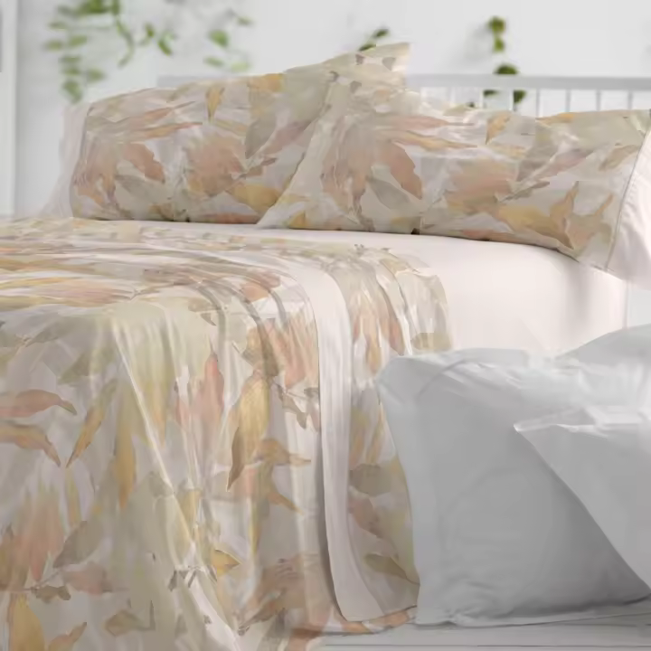 Juego Sábanas Diseño 044. BURRITO BLANCO. Incluye sábana encimera, bajera y 1/2 fundas de almohadas. Estampado geometrico de formas circulares.Disponible en color Oliva y canela. 50% Algodón - 50% Poliéster. Tamaños 90, 105, 135, 150-160, 180 y 200cm - 1