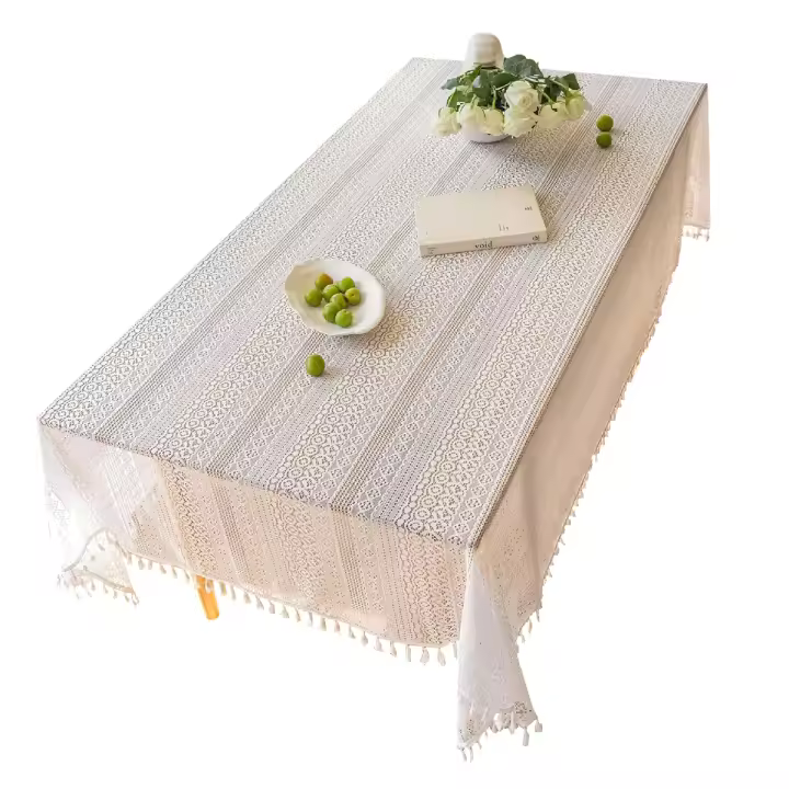 Mantel Japonés Bohemio 1PC En Color Beige Y Negro Con Borlas Y Diseño Geométrico Para Mesas Rectangulares Uso Doméstico Y De Banquete - 1