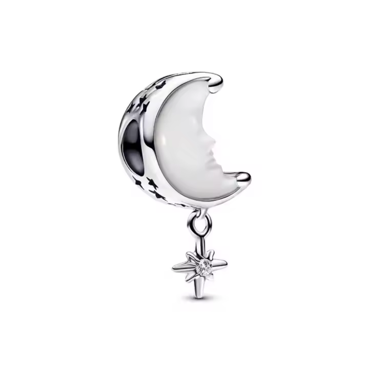 PANDORA Adornos de cadena con forma de luna y estrella de los deseos, Estrella del Norte tallada, con cuentas, regalo de cumpleaños y vacaciones, 793594C01 - 1