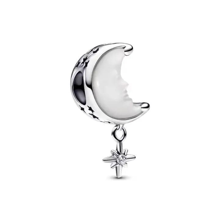 PANDORA Adornos de cadena con forma de luna y estrella de los deseos, Estrella del Norte tallada, con cuentas, regalo de cumpleaños y vacaciones, 793594C01 - 1