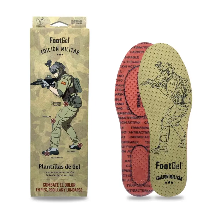 Plantilla Footgel MILITAR, indicadas para ALIVIAR y PREVENIR la cadena de impactos en largas maniobras y jornadas con la bota y zapato militar y/o policial, también para cazadores - 1