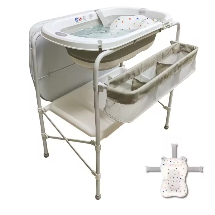 BATHBY Bañera bebé con patas Multifuncional 5en 1 · Plegable con Soporte · con Cojín Antideslizante · Cambiador · Bandejas Organizadoras · Desagüe con Tubo y Soporte para Ducha (Gris Pro) - 1