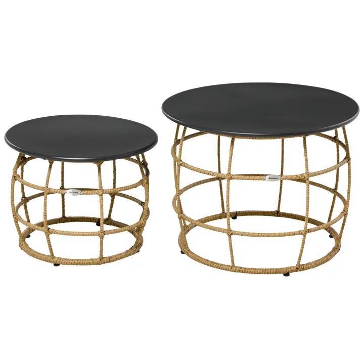Outsunny Juego de 2 Mesas Auxiliares, Mesa de Centro Rat, Mesa de Centro con Tablero de Metal, Mesa de sofá Tejida a Mano para jardín, balcón, Ø46+Ø60 cm, Arena - 1
