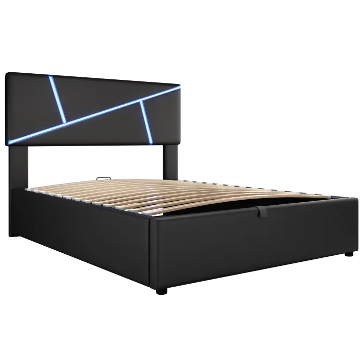 Cómoda Cama tapizada with LED pull, 90*200 cm, Cama Doble, somier, respaldo, Cama with función hidráulica, Negro - 1