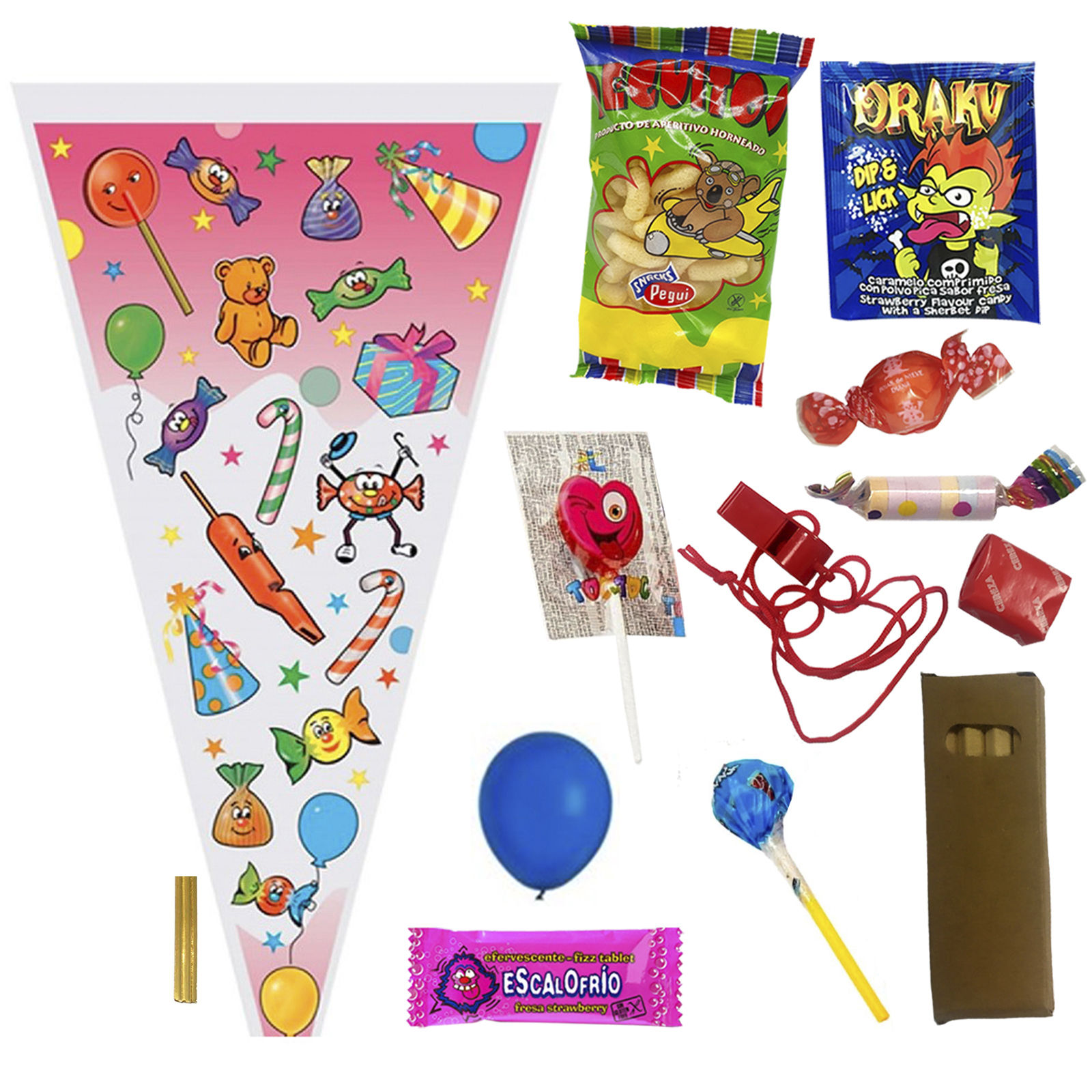 Deliex delicias de Extremadura. 10 bolsas de Chuches para cumpleaños, conos para regalar, sin alérgenos (SIN MONTAR, 10)