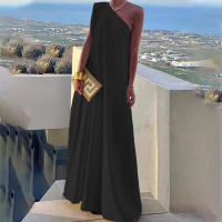 Vestido Largo De Hombro Solo Con Cuello Diagonal Elegante Vestido Sin Mangas A-Line Suave Para Fiesta Casual Verano Largo Vestido De Noche Moda - details 1