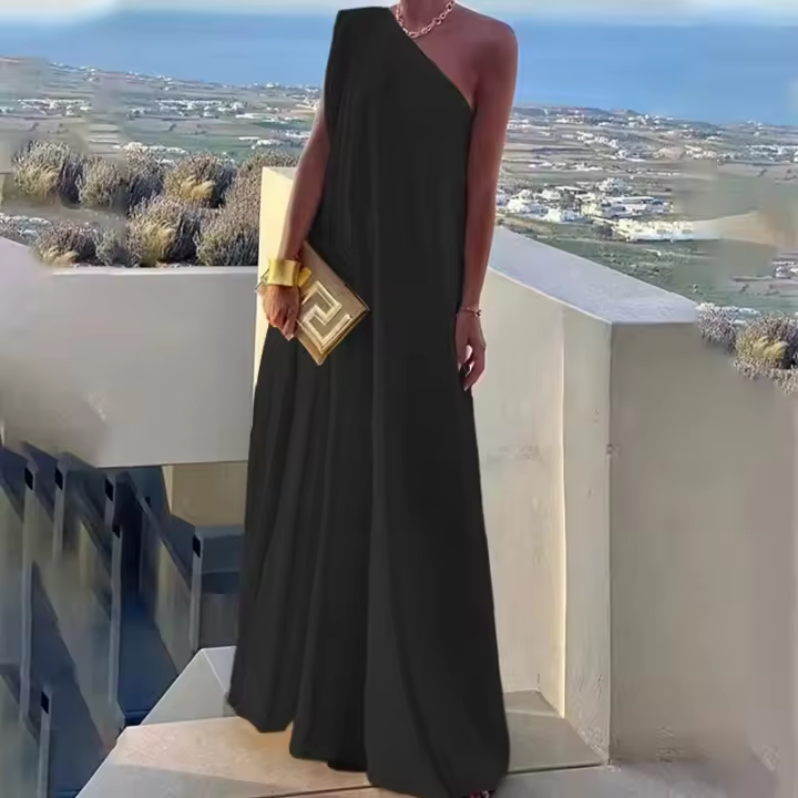 Vestido Largo De Hombro Solo Con Cuello Diagonal Elegante Vestido Sin Mangas A-Line Suave Para Fiesta Casual Verano Largo Vestido De Noche Moda - 1