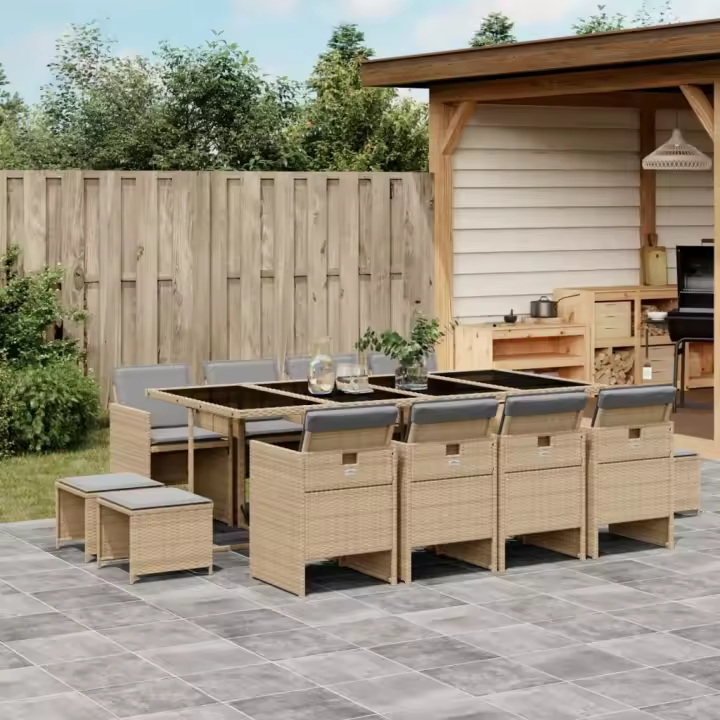 vidaXL Set comedor de jardín con cojines 13 pzas ratán sintético beige - 1