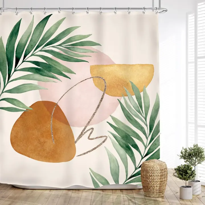 Cortina de Ducha Vintage de Mediados de Siglo - Bohemia Abstracta de Hojas de Palma Tropicales - 12 Ganchos(150cm * 180cm)  Watercolor leaves 150*180CM - 1