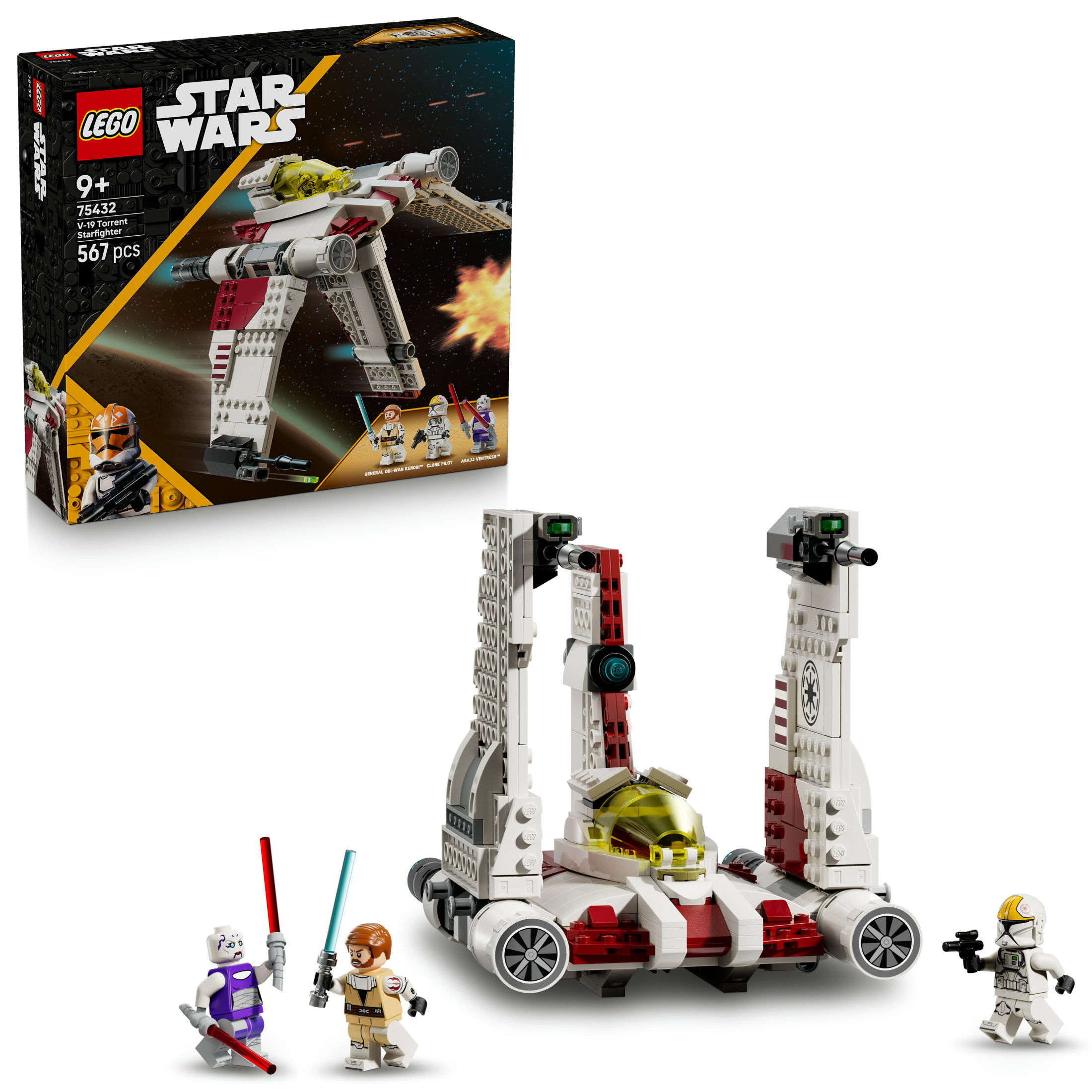LEGO Star Wars 75432 Caza Estelar V-19 Torrent de Juguete - 3 Minifigura inc. Obi-Wan Kenobi y Asajj Ventress con Espadas Láser - Regalo para Niños de 9+ Años Fans de Las Guerras Clon