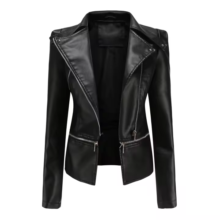Chaqueta de cuero de Primavera para Mujer, Abrigo informal ajustado con Cremallera y solapa para Mujer - 1